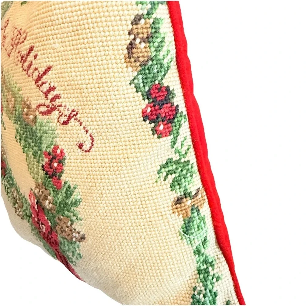 Vintage Handmade Needlepoint Christmas Pillow Home For The Holidays 13x13